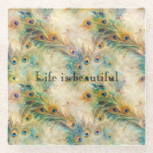 Aqua Green Gold Peacock Feathers Glasuntersetzer