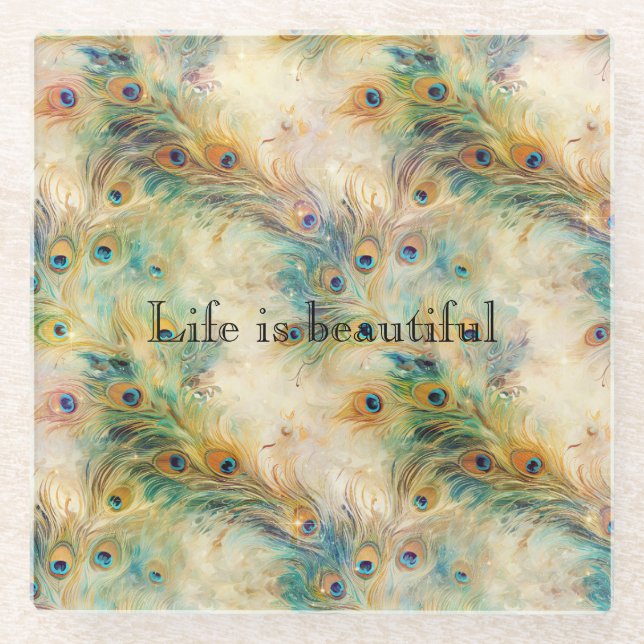 Aqua Green Gold Peacock Feathers Glasuntersetzer (Vorderseite)