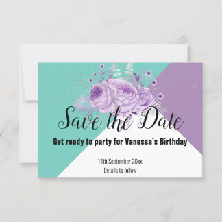 AQUA GREEN LILA LILAC FLORAL SAVE THE DATE RSVP KARTE