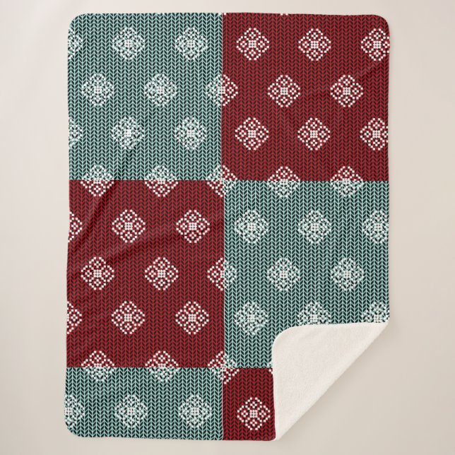 Aqua Green/Red Patchwork Sherpa Blanket Sherpadecke (Vorderseite)
