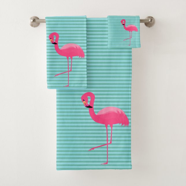 AQUA GREEN STRIPE 2 FLAMINGO BADEZIMMER TOWEL SET (Insitu)