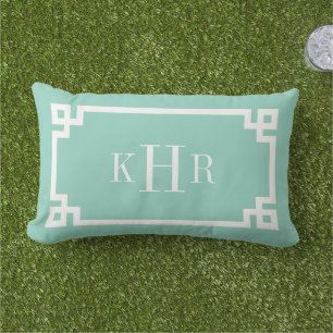 Aqua Gria Key Border Custom Monogram Lendenkissen