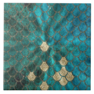 Aqua grünes Mermaidscales mit GoldGlitter Fliese