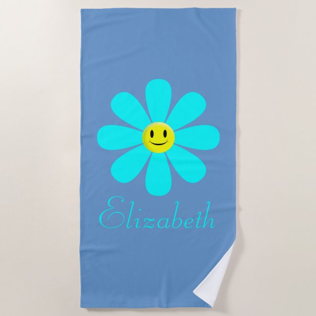 Aqua Happy Face Blume Personalisiert Beach Handtuc Strandtuch (Vorderseite)