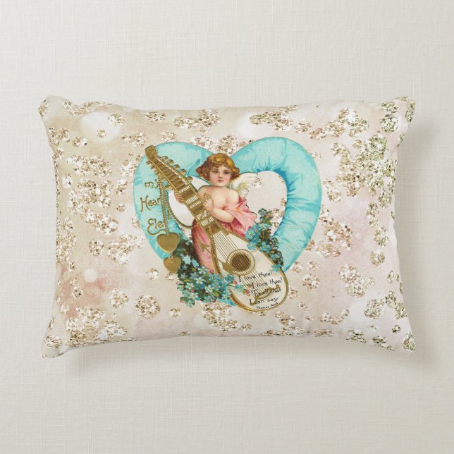 Aqua Heart Golden Cherub & Harp Bokeh Bling Dekokissen (Vorderseite)