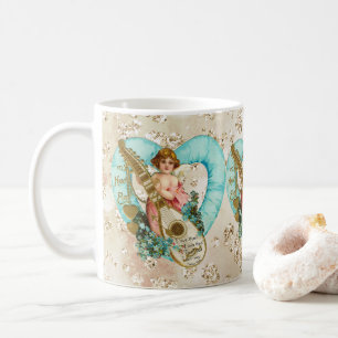 Aqua Heart Golden Cherub & Harp Bokeh Bling Tasse