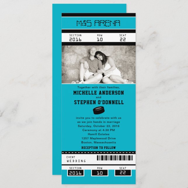 Aqua Hockey Ticket Hochzeit Einladung (Vorne/Hinten)
