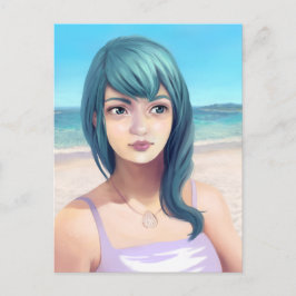 Aqua - Hübsches blauhaariges Mädchen am Strand Postkarte