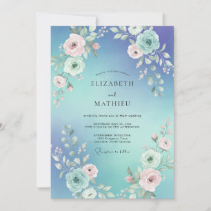 Aqua Immergrün-Blüten-Hochzeit Einladung