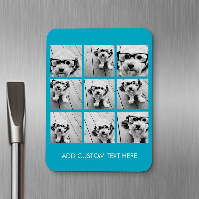 Aqua Instagram FotoCollage mit 9 quadratischen Fot Magnet (Personalized fridge magnet - add photos and custom text)
