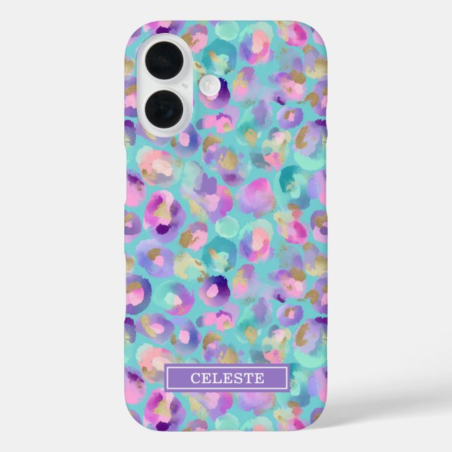 Aqua Iridescent Leopard Print Monogrammed Case-Mate iPhone Hülle (Rückseite)