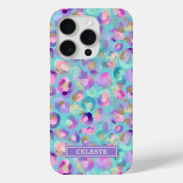 Aqua Iridescent Leopard Print Monogrammed Case-Mate iPhone Hülle (Rückseite)