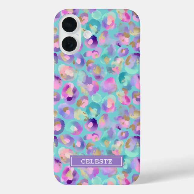 Aqua Iridescent Leopard Print Monogrammed Case-Mate iPhone Hülle (Rückseite)