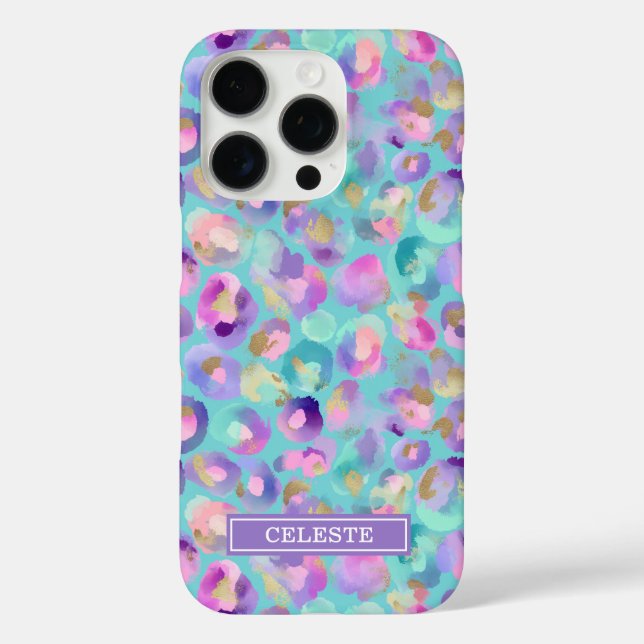 Aqua Iridescent Leopard Print Monogrammed Case-Mate iPhone Hülle (Rückseite)