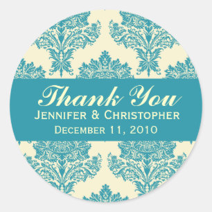 Aqua & Ivory Damask Round Wedding Labels Runder Aufkleber