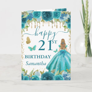 Aqua Kleid Blondhaarige Prinzessin Geburtstag Karte