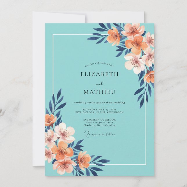 Aqua Korallen Hochzeit Einladung (Vorderseite)