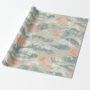 Aqua-Küsten-Muschel-Seestern-Wellen-Muster Geschenkpapier