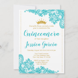 Aqua Lace und Glitzer Goldene Prinzessin Quinceañe Einladung