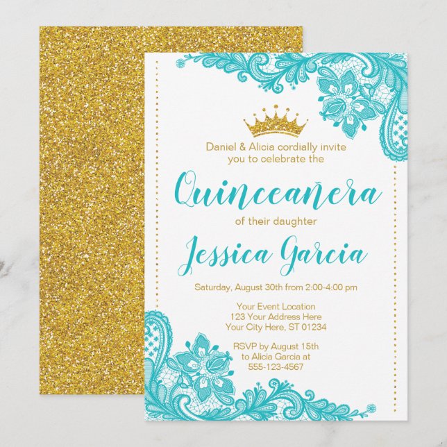 Aqua Lace und Glitzer Goldene Prinzessin Quinceañe Einladung (Vorne/Hinten)