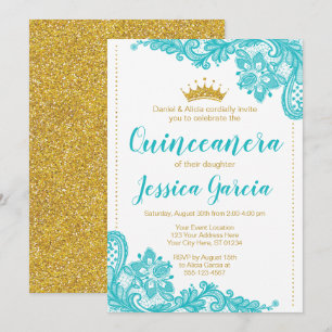 Aqua Lace und Glitzer Goldene Prinzessin Quinceañe Einladung