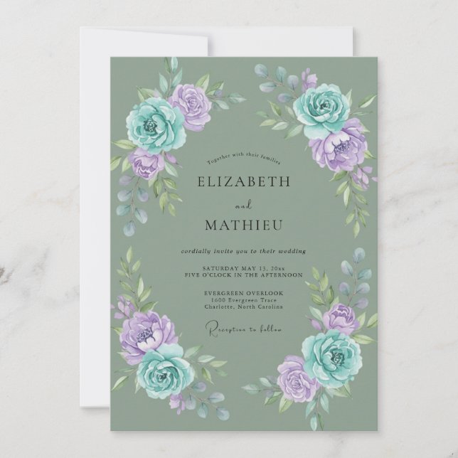 Aqua-Lavendel-Kranz-Hochzeit Einladung (Vorderseite)