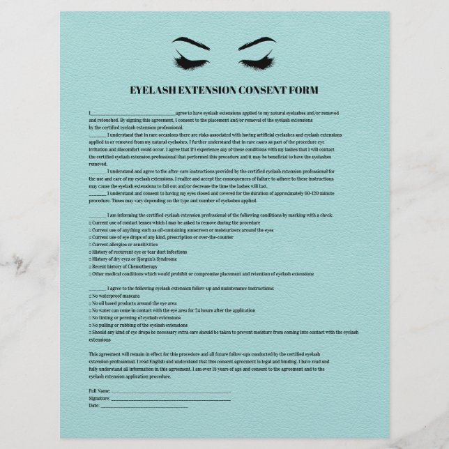 AQUA Leder EYELASH EXTENSION CONSENT FORMULAR Flyer (Vorne)