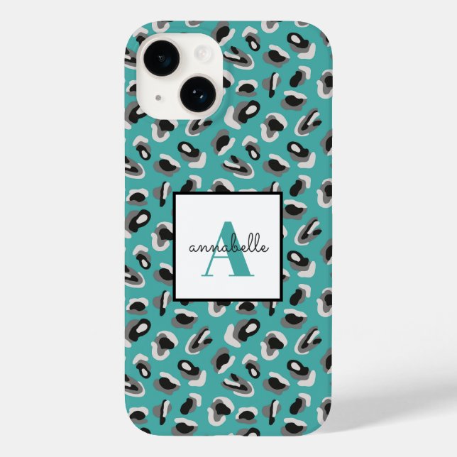 Aqua Leopard Print Personalisiert Monogram Case-Mate iPhone Hülle (Rückseite)