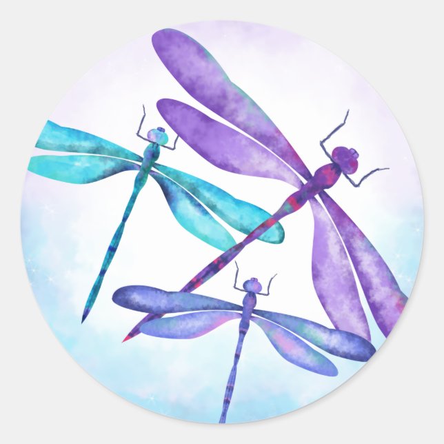 Aqua, Lila, Blue Dragonflies Gastgeschenk Sticker (Vorderseite)