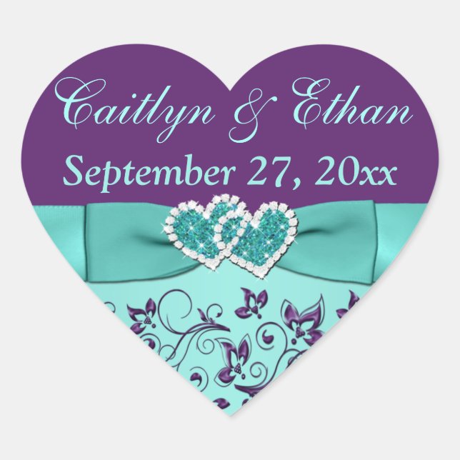 Aqua, Lila Blüten, Gastgeschenk Hochzeit der Herze Herz-Aufkleber (Vorderseite)