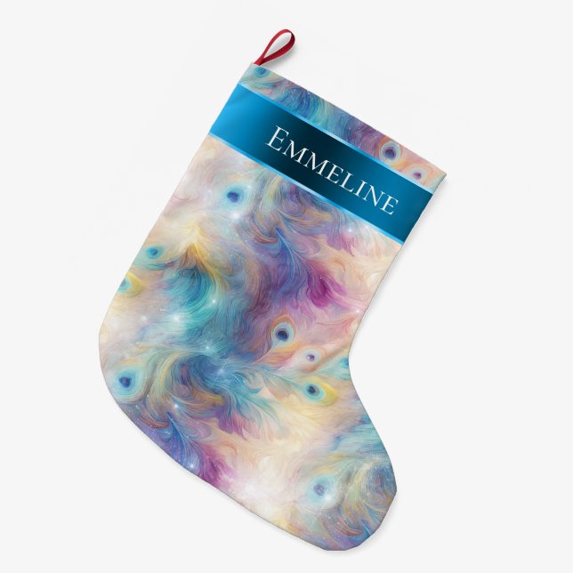 Aqua Lila Floral Peacock Feathers Weihnachten Großer Weihnachtsstrumpf (Vorderansicht (hängend))