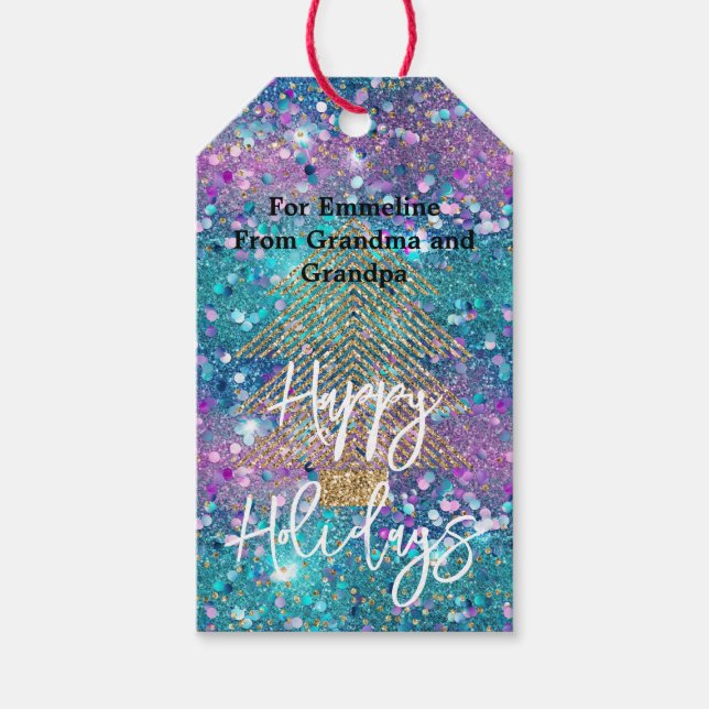 Aqua Lila Gold Glitzer Tree Geschenkanhänger (Vorderseite)