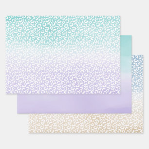 Aqua Lila Ombre Aquarelle Leopardrucke Geschenkpapier Set