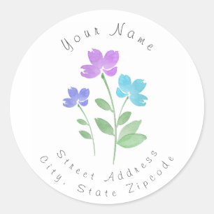 Aqua, Lila, Periwinkle Wasserfarbe Blume Stiems Runder Aufkleber