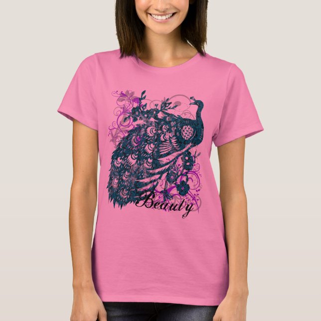 Aqua-lila Pfau, kundengebundener Text-Entwurf T-Shirt (Vorderseite)