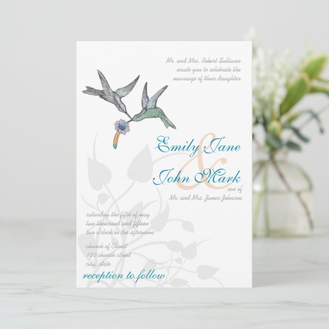 Aqua Lilac Coral Hummingbirds Hochzeitsempfang Einladung (Stehend Vorderseite)