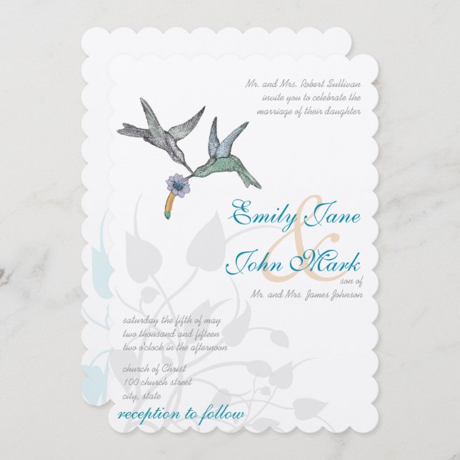 Aqua Lilac Coral Hummingbirds Hochzeitsempfang Einladung (Vorne/Hinten)