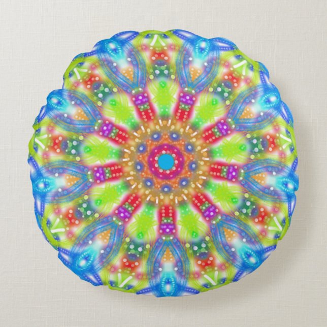 Aqua Limon Mandala Boho Reversible Rundes Kissen (Vorderseite)