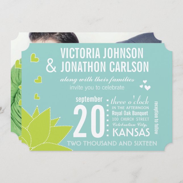 Aqua Limon Sukkulent Moderne Typografie Hochzeit Einladung (Vorne/Hinten)