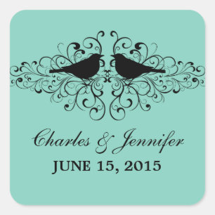 Aqua Love Bird-Wirbel Hochzeitsticker Quadratischer Aufkleber
