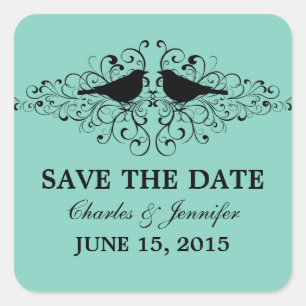 Aqua Love Bird Wirbel Save the Date Stickers
