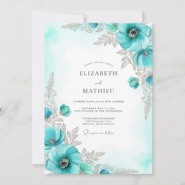 Aqua Lustrous Winterhochzeit Einladung (Vorderseite)