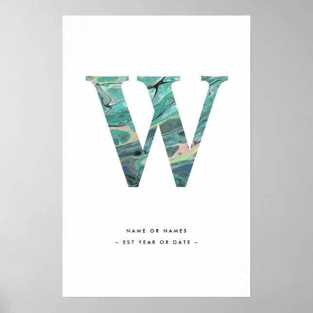 Aqua Marble Letter W Initial w/Personalization Art Poster (Vorne)