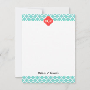Aqua marokkanisch #5 Coral Red 3 Initial Monogram Mitteilungskarte