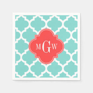 Aqua marokkanisch #5 Coral Red 3 Initial Monogram Serviette