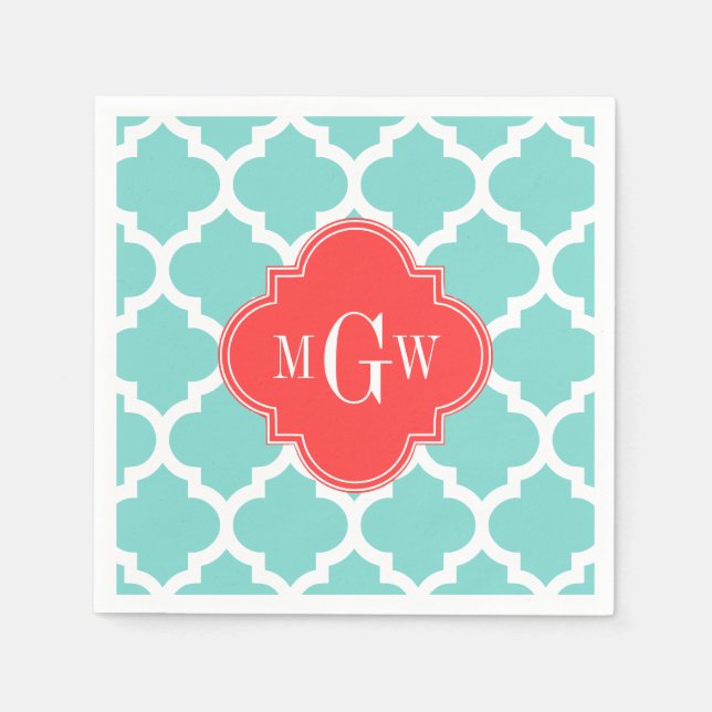 Aqua marokkanisch #5 Coral Red 3 Initial Monogram Serviette (Vorderseite)