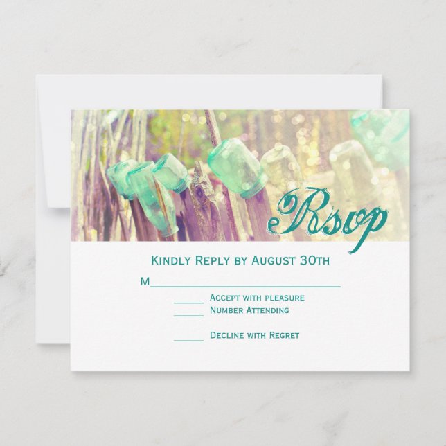 Aqua Mason Jars on Fence Post Wedding RSVP Cards (Vorderseite)