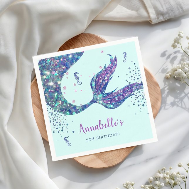 Aqua Mermaid Birthday Paper Napkin Serviette (Von Creator hochgeladen)