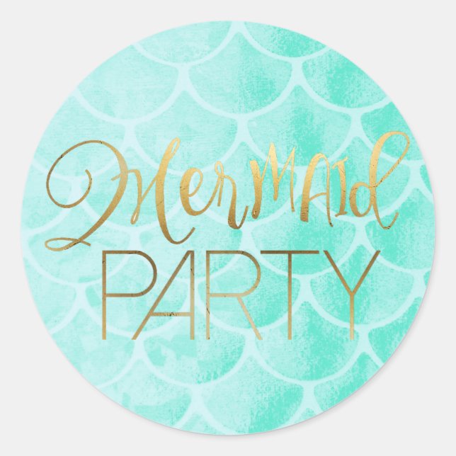Aqua Mermaid Scales | Goldtypografie Runder Aufkleber (Vorderseite)