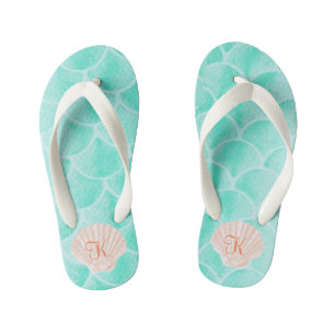 Aqua Mermaid Scales   Seashell Custom Initial Kinderbadesandalen